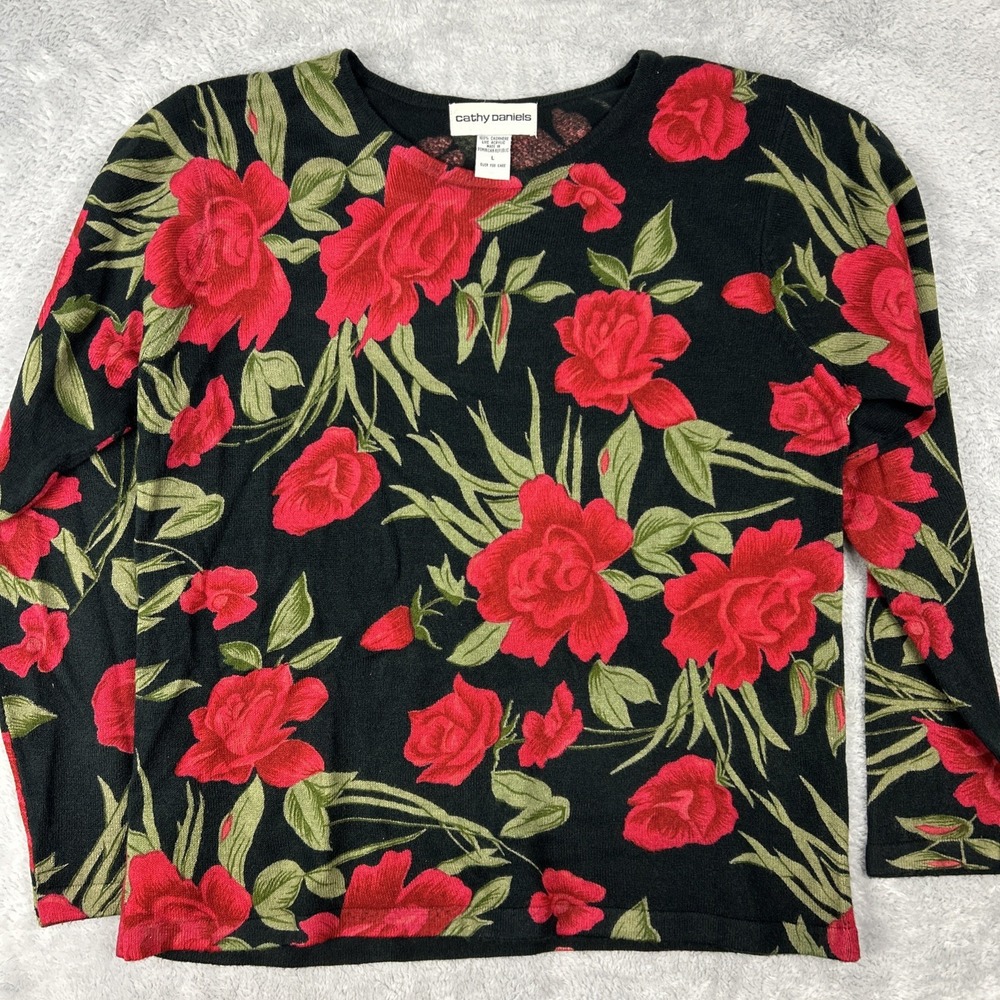 Cathy Daniels Faux Cashmere Acrylic Red Roses‎ Long Sleeve Crew Neck Sweater M